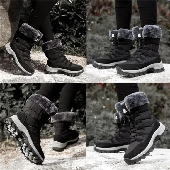 Women's Snow Boots Fur Lined Lace up Mid Calf Anti-Slip Winter Boots, Black/Gray - Picture 7 of 7